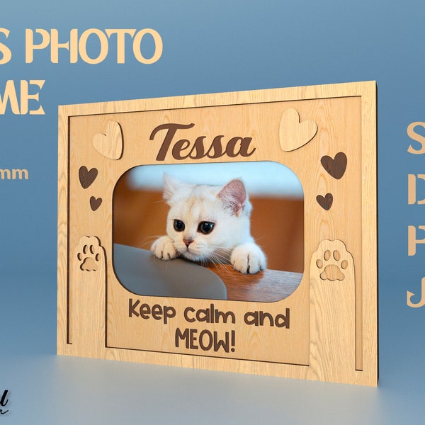 Family cat frame laser, photo frame template, custom pet frame, pet picture frame laser cut, cat svg, kitten svg, 3D Personalized cat frame