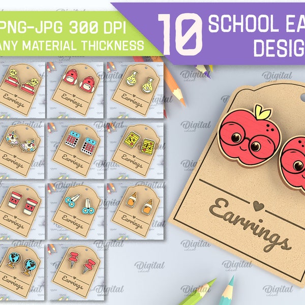 School earrings bundle, kids jewelry laser cut, wooden stud earrings, cute engraved earrings, school lasercut, teacher svg, childrens svg