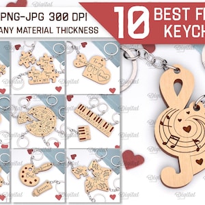 Puede incluir: Diez diseños diferentes de llaveros para los mejores amigos. Cada llavero presenta un diseño único con un corazón, notas musicales, rebanadas de pizza y otros símbolos. Los llaveros son de madera y son adecuados para cualquier grosor de material.