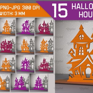 3D Halloween Haus Bundle, Halloween Holzständer lasergeschnitten, Halloween Regalsitzer svg, gruselige Wohnkultur, Spukhäuser Laserschnitt