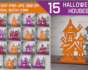3D Halloween house bundle, wooden Halloween stand laser cut, Halloween shelf sitter svg, spooky home decor, haunted houses laser cut