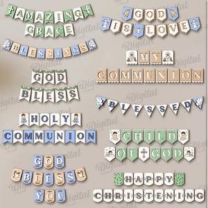 May include: A collection of 10 digital banner designs with religious themes. The banners feature phrases like "Amazing Grace," "God is Love," and "Holy Communion." The designs are in various colors, including blue, green, and beige, and are suitable for any material thickness.