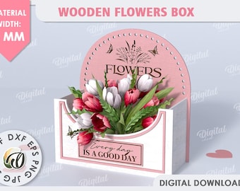 3D Flower gift box, mothers day gift laser cut, flower crate, rustic bouquet holder with handle, wood flower storage basket svg, affirmation