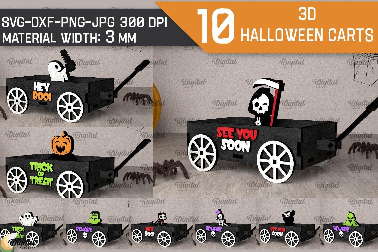 Paquete de carros de Halloween en 3D, soporte decorativo de Halloween cortado con láser, estante de madera aterrador svg, citas de Halloween svg, carro de dulces espeluznante