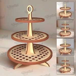 May include: A three-tiered cake stand with a handle, made of wood with a light brown finish. The stand has a decorative pattern on each tier. The stand is 3 mm thick and is available in 10 different designs. The image text reads "10 DESIGNS, MATERIAL WIDTH: 3 MM, DIGITAL DOWNLOAD, JPG, PNG, EPS, DXF, PDF, SVG".