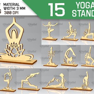 Peut inclure: Quinze fichiers de d&eacute;coupe num&eacute;riques de poses de yoga, parfaits pour cr&eacute;er des supports d&eacute;coratifs. Les fichiers sont aux formats SVG, DXF, PNG et JPG et mesurent 3 mm de large avec une r&eacute;solution de 300 DPI.