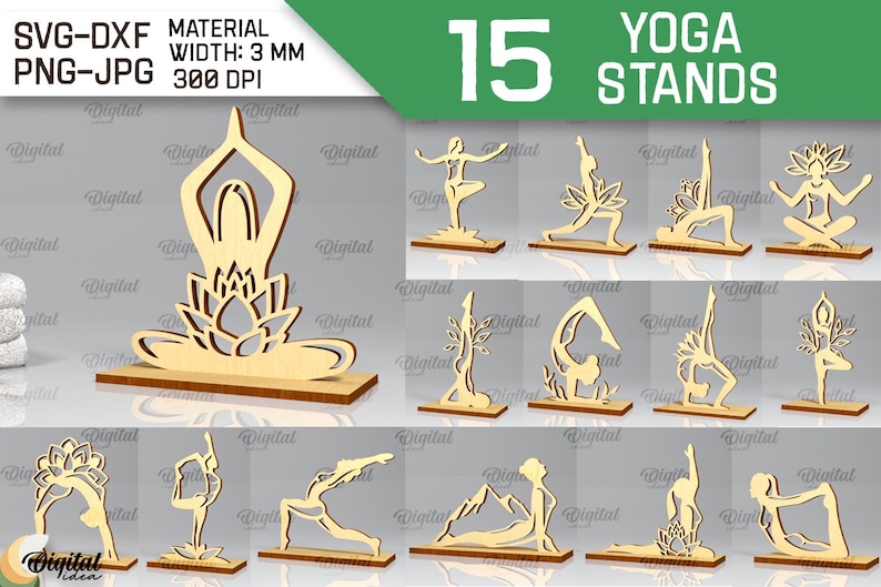 Peut inclure: Quinze fichiers de d&eacute;coupe num&eacute;riques de poses de yoga, parfaits pour cr&eacute;er des supports d&eacute;coratifs. Les fichiers sont aux formats SVG, DXF, PNG et JPG et mesurent 3 mm de large avec une r&eacute;solution de 300 DPI.