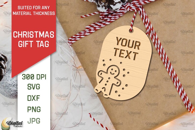 May include: A wooden Christmas gift tag with a gingerbread man design and the text "YOUR TEXT".