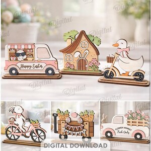 May include: A selection of ten wooden Easter decorations. Designs include bunnies with eggs, a bunny driving a pink van with "Happy Easter" text, a duck on a scooter, and a bunny on a bicycle. The material width is 3 mm.