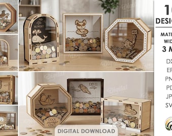 3D Funny money banks bundle, cash box laser cut files, funny animals svg, money holder, wooden saving box, kids piggy bank