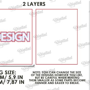 Puede incluir: Un conjunto de archivos digitales con un dise&ntilde;o de dos capas con la palabra DESIGN en contornos azules y rojos. Incluye formatos DXF, EPS, PNG, PDF, JPG y SVG. Tama&ntilde;os promedio de 150 mm y 200 mm con texto sobre el cambio de tama&ntilde;o.