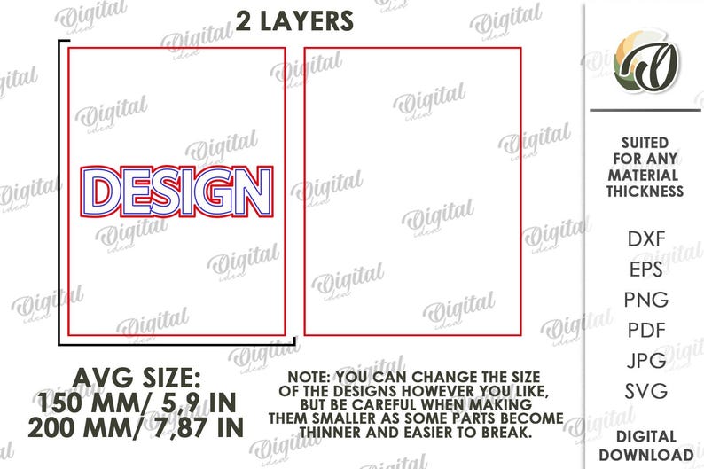 Puede incluir: Un conjunto de archivos digitales con un dise&ntilde;o de dos capas con la palabra DESIGN en contornos azules y rojos. Incluye formatos DXF, EPS, PNG, PDF, JPG y SVG. Tama&ntilde;os promedio de 150 mm y 200 mm con texto sobre el cambio de tama&ntilde;o.