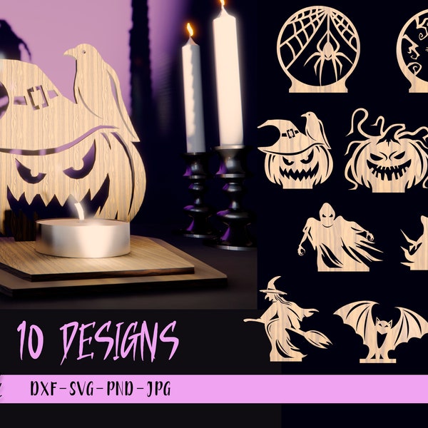 Halloween tea light holder bundle, Lasercut shadow decor SVG, Spooky shadow candle holder silhouettes, Halloween decoration