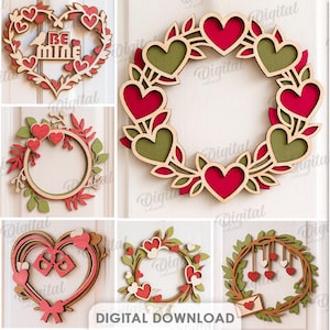 Könnte beinhalten: Eine Sammlung von zehn Designs zum Valentinstag, darunter Kränze und herzförmige Dekorationen. Die Designs weisen rote und grüne Herzakzente auf. Der Text "Digital Download" ist sichtbar.