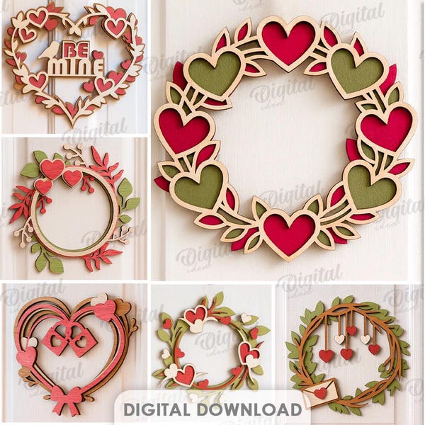 3D Valentine's day wreaths bundle, layered floral wreath laser cut files, heart shaped wreath svg, Valentine quotes, love, flowers
