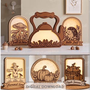 Puede incluir: Una colección de diez diseños de cajas de luz de madera cortadas con láser con temas otoñales como setas, erizos, calabazas, manzanas y una tetera. Cada pieza muestra texto como Fall Sweet Fall, Fall is Here, Hello Fall, Cozy Season, Harvest Time y Apple Season.