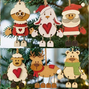 May include: A selection of wooden Christmas tree decorations, featuring designs such as a penguin, Santa Claus, and a bear. Each ornament is made from wood with painted details and hanging strings. The image also includes text that says "10 Designs" and "Digital Download".