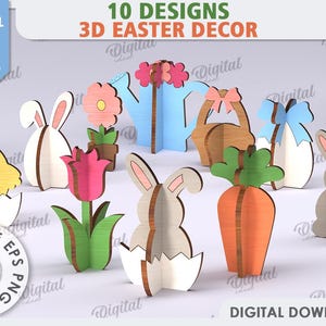 May include: Ten 3D printable Easter decor designs, including a bunny, a carrot, a flower, a watering can, and an egg. The designs are made for a 3 mm material width.