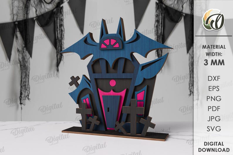 May include: A Halloween wooden decoration of a haunted house with a bat, in blue with pink accents and black crosses. The material width is 3 mm. The house is made of wood.