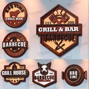 Op de afbeelding: Een verzameling van tien houten BBQ- en grillsignalen in verschillende vormen, waaronder ronde en schildvormige ontwerpen. De borden tonen teksten als "BBQ Time", "Grill House" en "Barbecue", met afbeeldingen van een varken, vlammen en grillgereedschap. De borden zijn geschikt voor elke materiaaldikte.