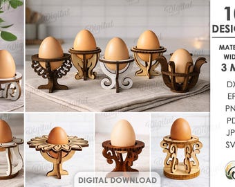 Paquete de soportes para huevos de Pascua en 3D, archivos cortados con láser para soportes de huevos, SVG florales, rústicos, de granja, canasta de huevos de madera, soporte para huevos de pie