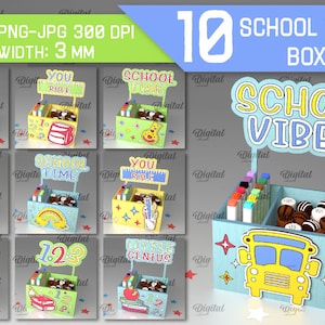 Pacchetto di scatole per dolcetti scolastici 3D, taglio laser per stoccaggio di scatole per bambini, taglio laser per bambini, porta caramelle in formato SVG, taglio laser per scatola di dolcetti, citazioni scolastiche in formato SVG