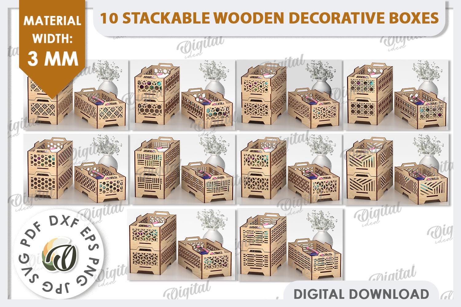 3D Stackable Decorative Wooden Boxes Bundle, Box Template Laser Cut ...