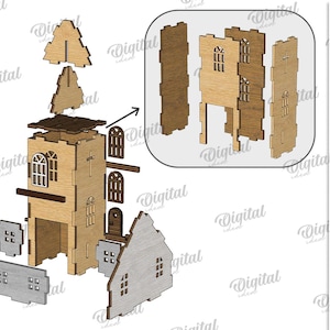 May include: A disassembled wooden church model with a steeple, windows, and doors. The model is made of light brown wood and gray wood. The image includes the text "MATERIAL WIDTH: 3 MM" and "DIGITAL DOWNLOAD".