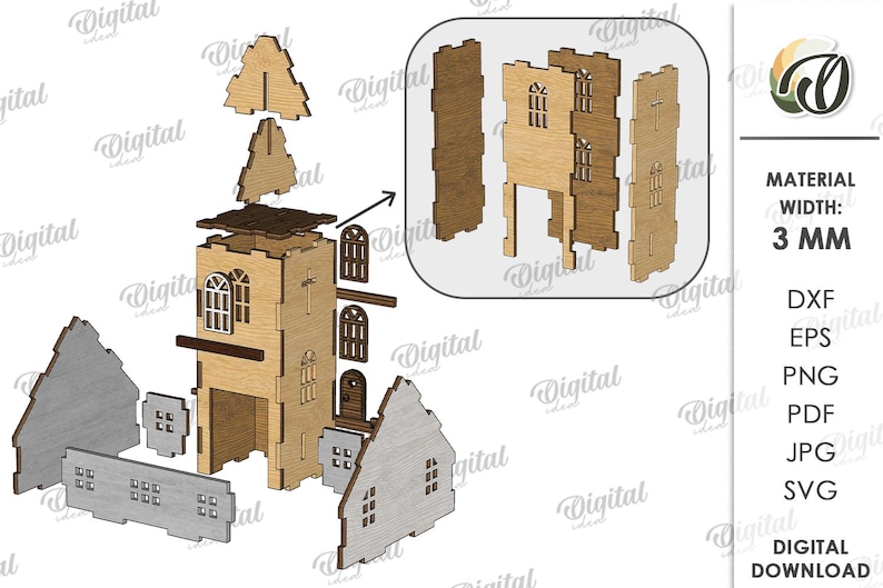 May include: A disassembled wooden church model with a steeple, windows, and doors. The model is made of light brown wood and gray wood. The image includes the text "MATERIAL WIDTH: 3 MM" and "DIGITAL DOWNLOAD".