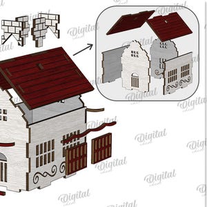 May include: A wooden house model with a red roof, white walls, and decorative elements. The model is shown assembled and in exploded view, with the text "MATERIAL WIDTH: 3 MM" and file format options.
