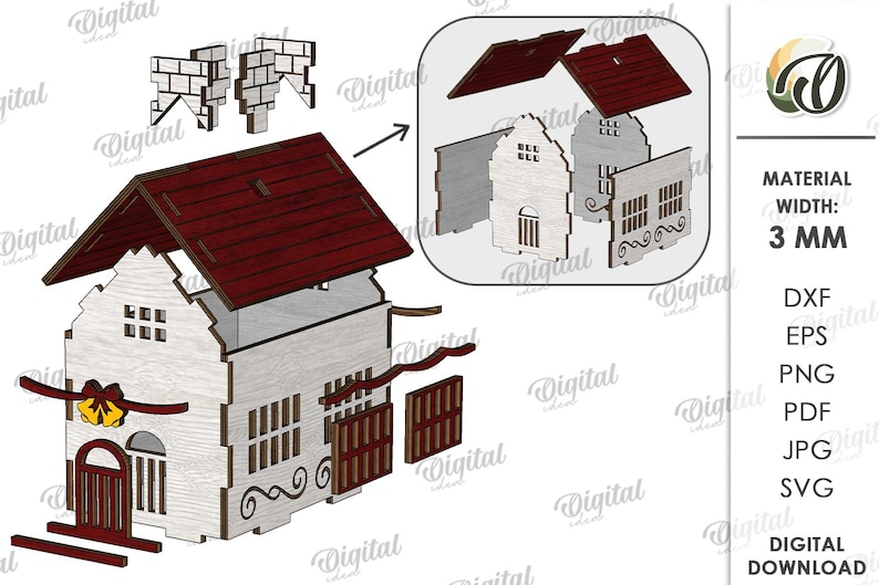 May include: A wooden house model with a red roof, white walls, and decorative elements. The model is shown assembled and in exploded view, with the text "MATERIAL WIDTH: 3 MM" and file format options.
