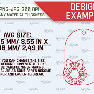 May include: A red outline of a Christmas wreath with a bow on top, inside a larger oval shape. The text "DESIGN EXAMPLE" is at the top of the image. The text "AVG SIZE: 90.15 MM/ 3.55 IN X 63.16 MM/ 2.49 IN" is in the center of the image. The text "NOTE: YOU CAN CHANGE THE SIZE OF THE DESIGNS HOWEVER YOU LIKE. BUT BE CAREFUL WHEN MAKING THEM SMALLER AS SOME PARTS BECOME THINNER AND EASIER TO BREAK." is at the bottom of the image.