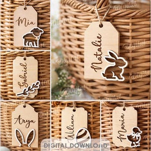 May include: A collection of ten wooden Easter-themed tags with names and decorative cutouts. Each tag is a light brown color and features a different name, such as "Mia" or "Natalie", along with a corresponding Easter-related design.