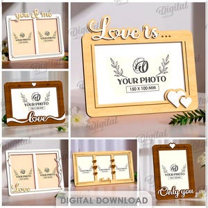 May include: A collection of wooden photo frames in various designs. Some frames have decorative cutouts with phrases like "Love," "You & Me," and "Only You." The frames are designed to hold photos that are 150 x 100 mm.