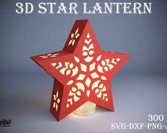 Papercut lantaarn sjabloon, stervormige lamp SVG, 3D papier knippen, nachtlamp, Boho, woondecoratie, lightbox SVG, 3D kerstster lantaarn SVG