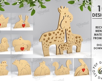 Wooden family puzzle bundle, 3D laser cut puzzle SVG, cute animal family, animal figurines, keepsake gifts, nursery baby decor, personalized