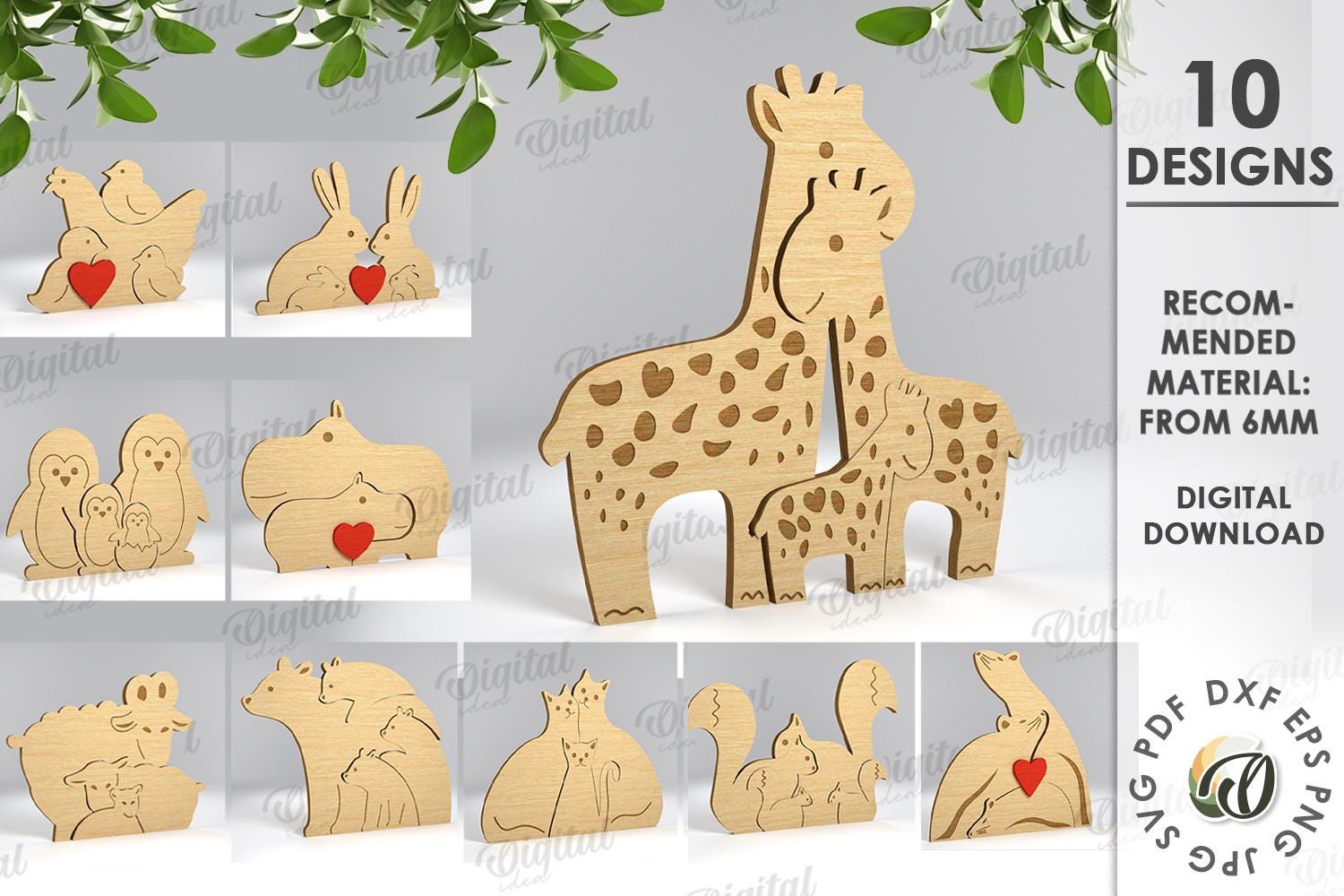 Pacote de quebra-cabeça de família de madeira, quebra-cabeça 3D cortado a laser SVG, família de animais fofos, estatuetas de animais, presentes de lembrança, decoração de berçário, personalizado