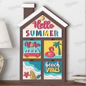 May include: Wooden house-shaped wall decor with a brown frame and white roof. The top section reads "Hello SUMMER" in colorful letters. Below are four square panels with beach-themed images, including a van, flamingo, and surfboard.