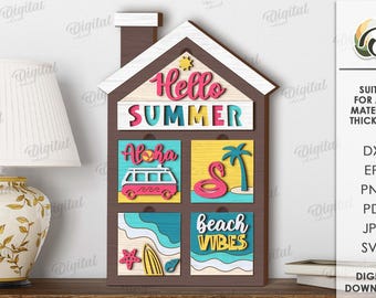 3D Interchangeable summer house, layered house stand laser cut, Hello summer svg, wooden summer home decor, shelf sitter, summer quotes