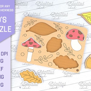 May include: A wooden puzzle with a light brown background. The puzzle pieces are shaped like a mushroom, leaf, acorn, and other nature-inspired shapes. The puzzle is designed for kids and is suitable for any material thickness. The text "KID'S PUZZLE" is written in a large, bold font at the top of the image.
