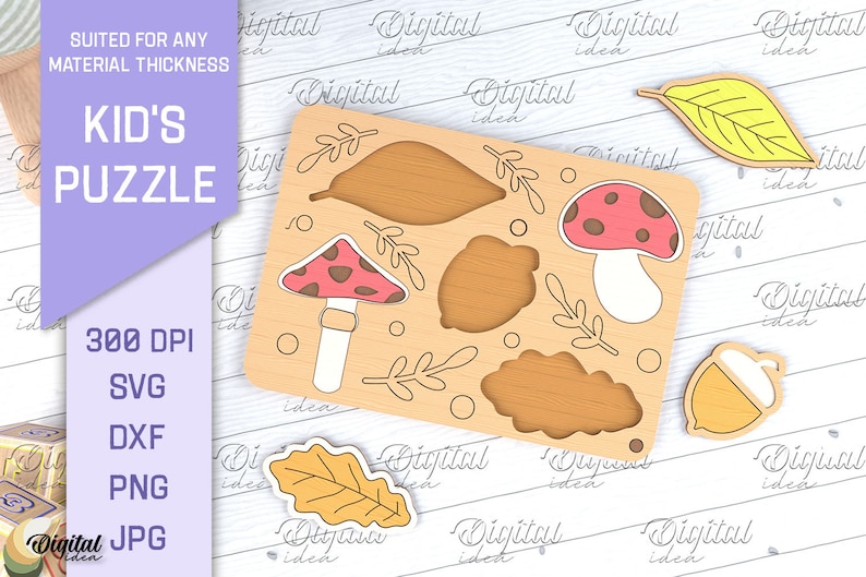 May include: A wooden puzzle with a light brown background. The puzzle pieces are shaped like a mushroom, leaf, acorn, and other nature-inspired shapes. The puzzle is designed for kids and is suitable for any material thickness. The text "KID'S PUZZLE" is written in a large, bold font at the top of the image.