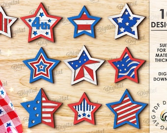 3D 4th of July stars decors bundle, patriotic star sign laser cut, 4th of july decoration svg, wooden star wall hanger, american flag svg