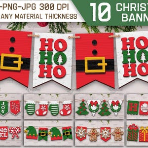 Puede incluir: Diez diseños de pancartas navideñas con una variedad de temas festivos. Las pancartas incluyen a Papá Noel, árboles de Navidad, adornos, bastones de caramelo y la frase "Ho Ho Ho".