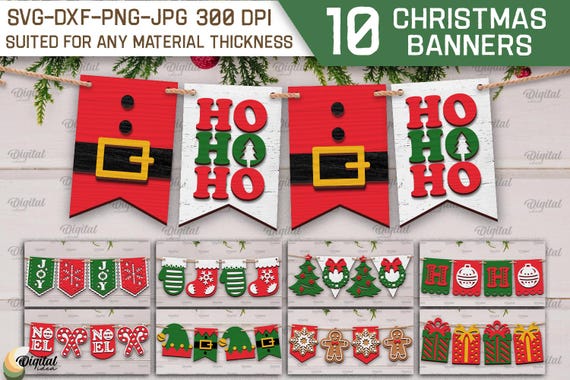 3D Christmas banners bundle, Xmas layered garland laser cut, Christmas wall decor SVG, welcome sign, Xmas quotes svg, bunting banner svg