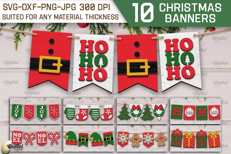 May include: Ten Christmas banner designs featuring a variety of festive themes. The banners include Santa, Christmas trees, ornaments, candy canes, and the phrase "Ho Ho Ho".