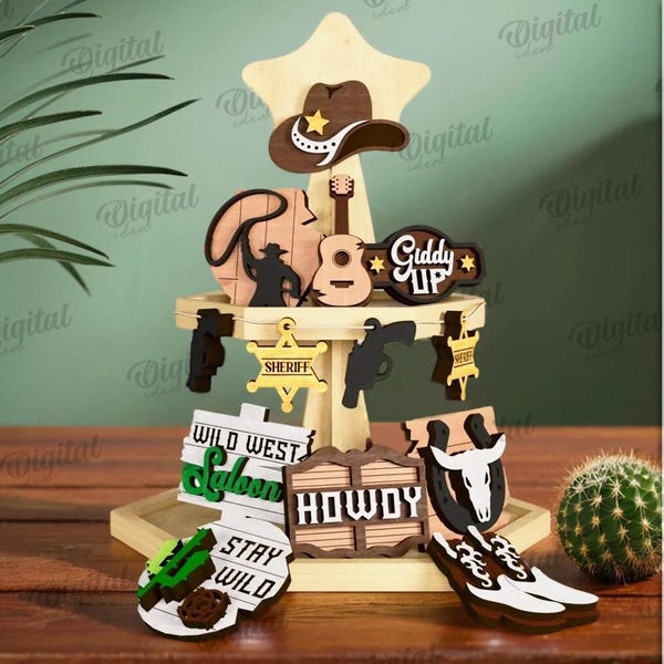 3D Cowboy tier tray decor bundle, wild west sign laser cut, western tiered tray set, wall sign svg, cowboy quotes, wooden home decor