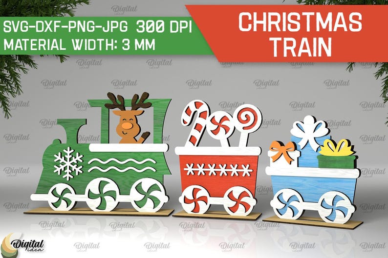 May include: A Christmas train with three cars. The first car is green and features a reindeer, the second car is red and has candy canes, and the third car is blue and has presents. The train is made of wood and is ready to be cut out and assembled.