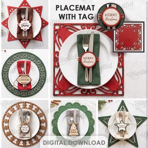 Pode incluir: Uma coleção de 10 designs de jogos americanos decorativos com etiquetas de guardanapo correspondentes, apresentando várias formas geométricas, flocos de neve e estrelas em vermelho, verde, branco e marrom. Inclui arquivos digitais DXF, EPS, PNG, PDF, JPG e SVG.
