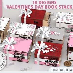 3D Valentine's day wood book stack boxes bundle, candy box laser cut, wooden cookie storage, love quotes svg, wooden treats box, book stack