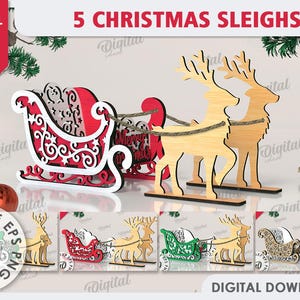 Lot 3D de traîneaux de Noël, traîneau de Noël père Noël découpé au laser, décoration en bois de traîneau de Noël, gardien d'étagère, renne svg, porte-bonbons, boîte de bonbons